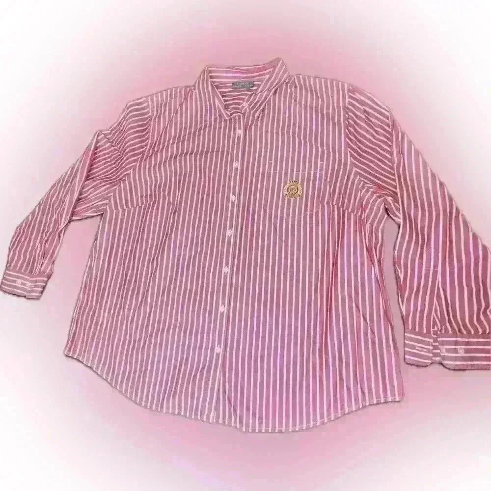Lauren by Ralph Lauren, red and white pinstriped button down top.